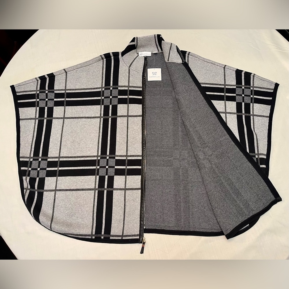 Rafaella Women’s Plaid Zipper Poncho Sweater – Gray & Black Cape Style (NWT)